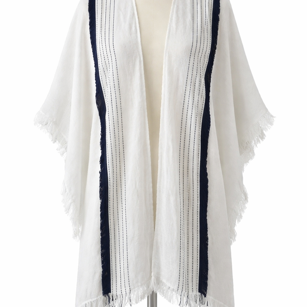Francesca's White Open-Weave Kimono with Navy Edge